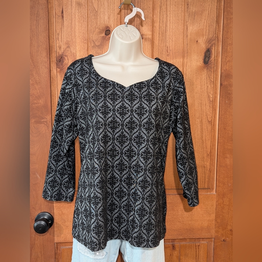 Norm Thompson Black and Gray Patterned Blouse